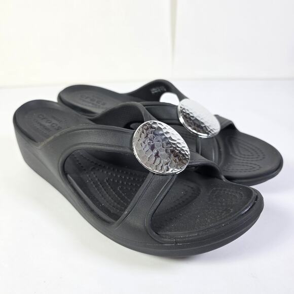 CROCS Shoes - Crocs Sanrah Embellished Wedge Sandals Women's Size 9 Black Comfort Slides